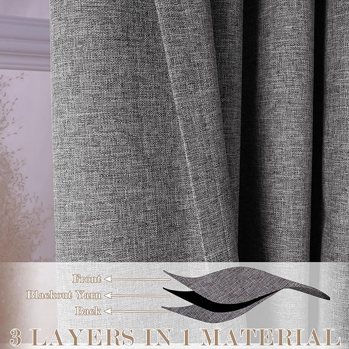 70" W x 108" L Faux Linen Room Divider Curtains, Full Blackout Pinch Pleated Drapes for Traverse Rod, Bedroom Divider Privacy Drapery with Hooks for Ceiling Track, 1 Panel, Gray