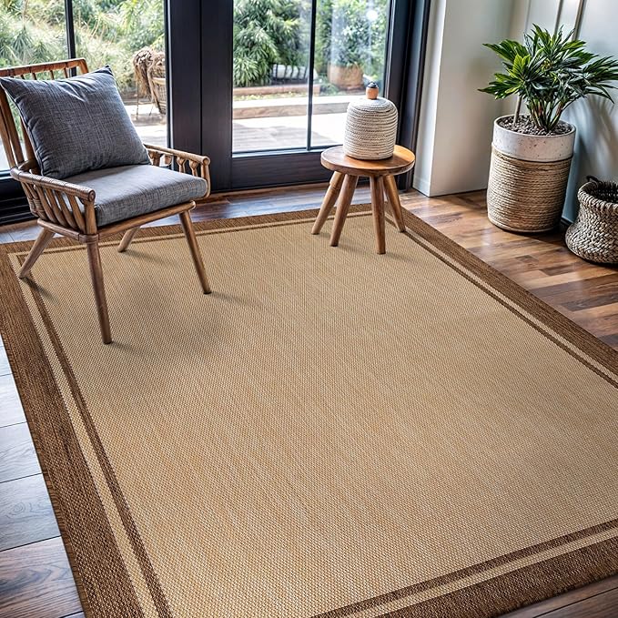 CAMILSON Outdoor Rug 5x7 Bordered Natural Brown Modern Area Rugs for Indoor and Outdoor Patios, Kitchen and Hallway Mats, Washable Porch Deck Outside Carpet (Border Jute, 5 x 7)