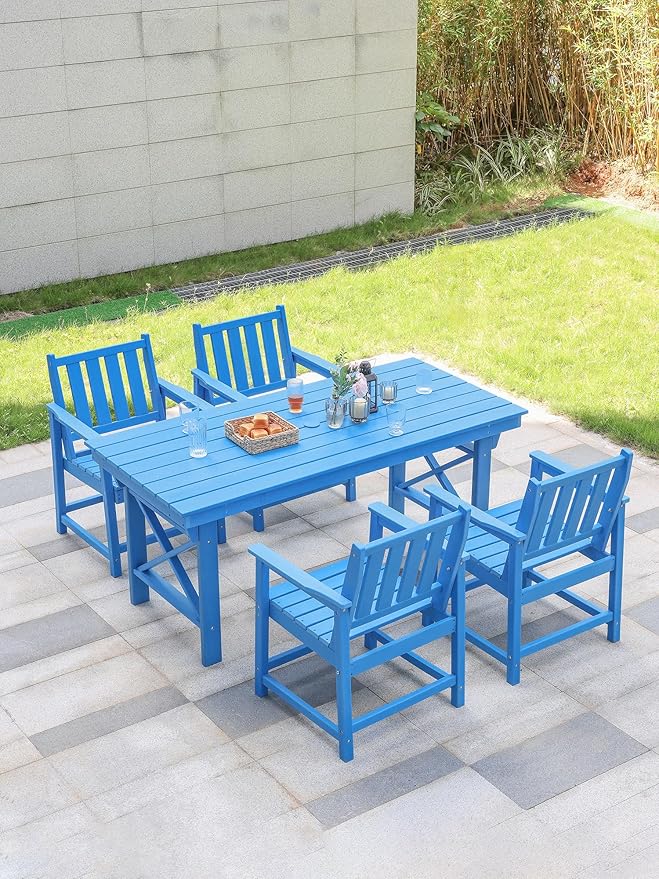HDPE Patio Dining Set, 5-Piece Outdoor Table and Chairs with Umbrella Hole, Modern Outdoor Dining Set for 4, HDPE Outdoor Patio Furniture Dining Sets for Deck, Poolside, Porch, Sky Blue