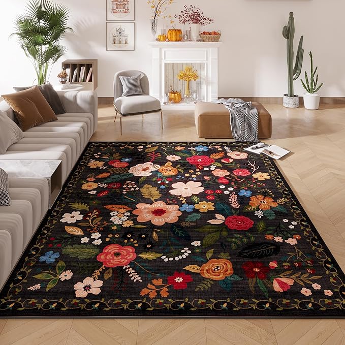 Area Rugs 8x10 Rug for Living Room Clearance Washable Boho Area Rug Non Slip Floral Vintage Low Pile Large Rug for Living Room, Bedroom, Farmhouse, Dining Room, Kids Playroom(Black)