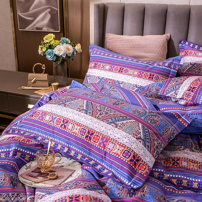 ABREEZE Bohemian Vintage King Size Floral Cotton Bedding Set 3Pcs Duvet Cover Set Boho Purple Paisley 100% Egyptian Brushed Cotton Reversible Home Bedding Collection