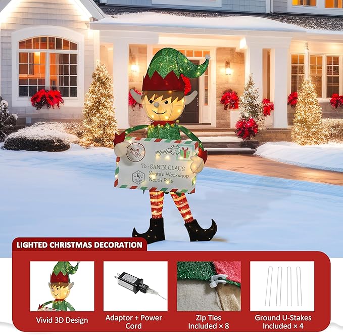 4.8FT Lighted Elf with Envelope Outdoor Christmas Decoration, 3D Pre-Lit Elf Decor with 100 LED Lights for Christmas, Freestanding Glittered Holiday Display for Outdoor, Indoor