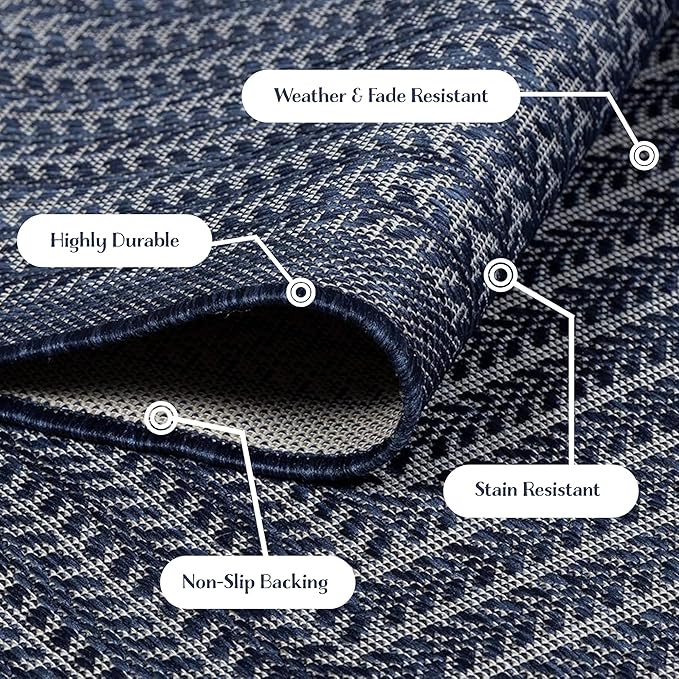 Adiva Rugs Outdoor Indoor Area Rug, Weather Resistant, Easy to Clean, Stain Resistant Floor Mat for Dining Room, Backyard, Deck, Patio (Navy Weiss, 6' x 9')