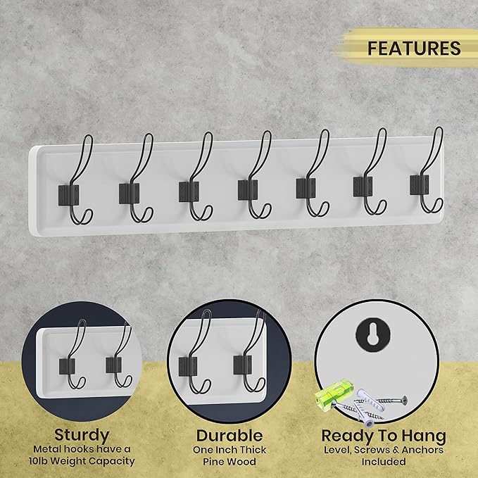 HBCY Creations White Solid Wood Wall Mounted Coat Rack with Shelf, 7 Hooks, 34" Long - Kitchen, Mudroom, Entryway, Bathroom - Includes Mounting Hardware, Coat Hanger, Dog Leash Hooks, Towel Rack