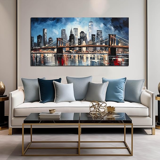 Brooklyn Bridge Wall Art for Bedroom,Modern City Large Canvas Wall Art Living Room,Blue Home Office Decor 29 x 59 Inch
