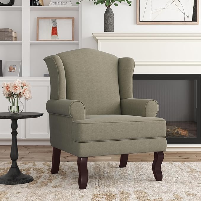 Accent Chair, High Back Upholstered Armchair with High Resilience Sponge & Wood Legs, Mid-Century Modern Comfy Single Sofa Reading Chairs for Living Room, Bedroom (Light Camel, Set of 1)