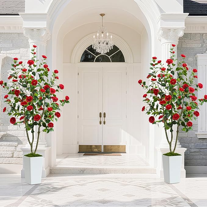 Artificial Camellia Tree 6FT Faux Trees Indoor Fake Floral Plant Blooming Tree with Red Flowers & White Tall Planter, Faux Camellia Plants for Porch Home Room Bedroom Office Front Door Outdoor Decor