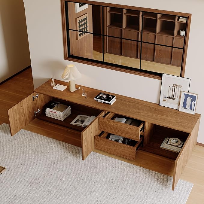 79" Mid-Century Modern TV Stand for Living Room, Farmhouse Entertainment Center with Storage & Drawers, Fluted Design Wood TV Console for Home Theater Office