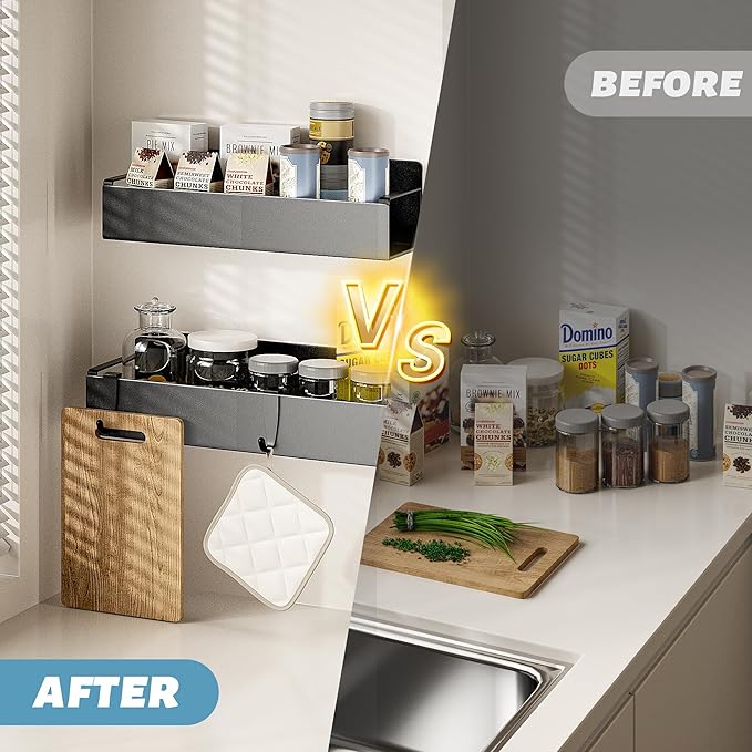 6 Pack Magnetic Spice Rack for Refrigerator, Black Magnetic Shelf for Kitchen Organizer and Storage, Mini Organizers for Oven and Fridge with 6 Hooks