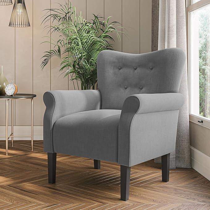 BELLEZE Modern Accent Chair, High Back Armchair, Upholstered Wingback Side Chair, Padded Single Sofa with Wooden Legs for Living Room, Bedroom - Gray