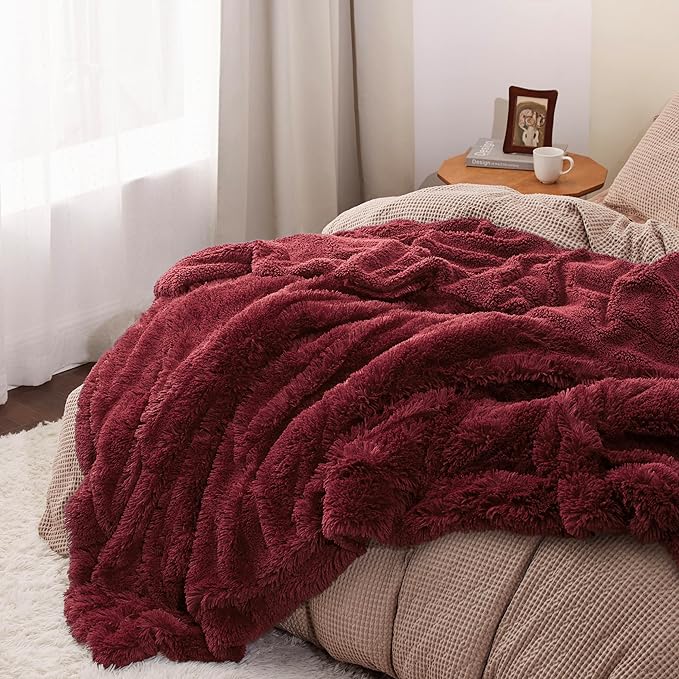 Bedsure GentleSoft Fluffy Burgundy Red King Size Blanket for Bed, Thick Soft Sherpa Faux Fur Fleece Bedding Fuzzy Plush Winter Warm Heavy Big Large King Blanket, Cozy Red Gifts for Men Women, 108x90