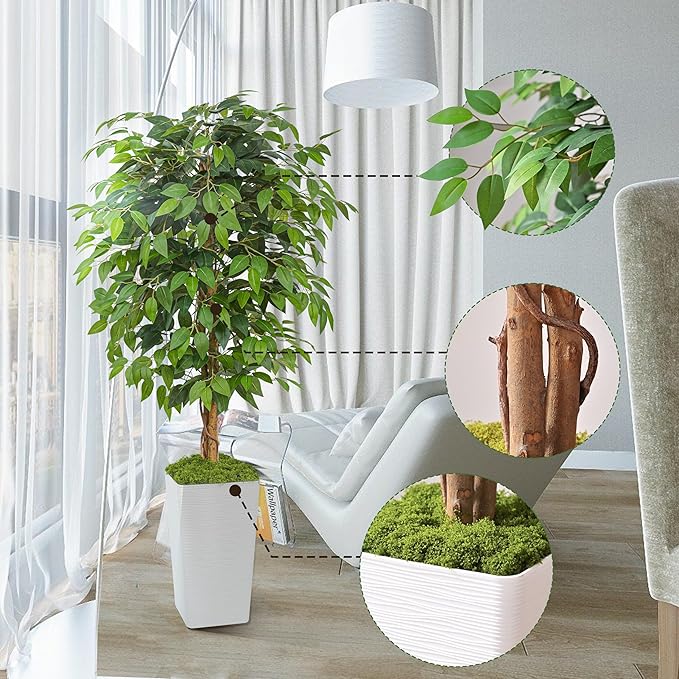 Artificial Ficus Tree 5FT Faux Floor Tree with Planter UV Resistant Potted Fake Silk Plant, Real Wood Trunk-Indoor Outdoor Lifelike Fake Ficus Tree for Home, Living Room Bedroom Topiary Tree