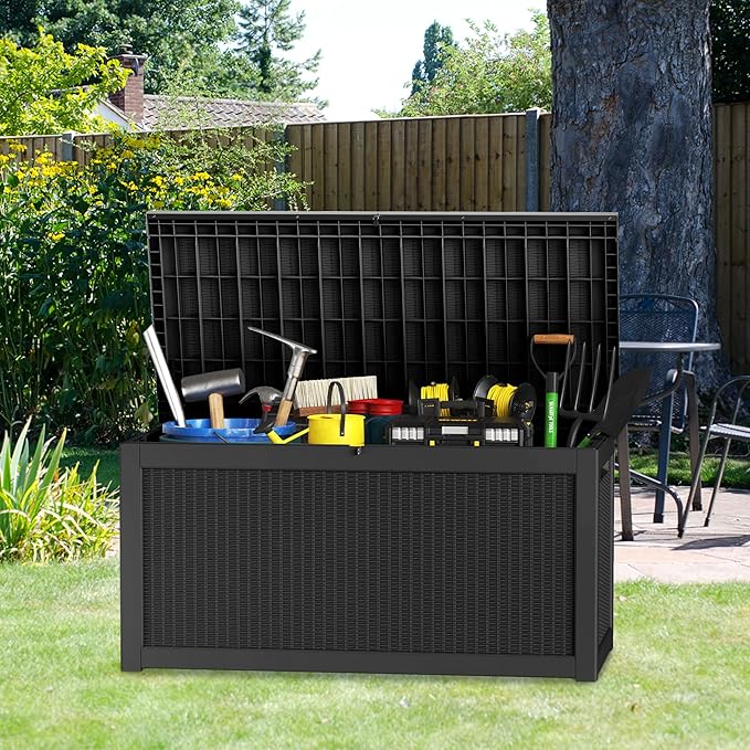 260 Gallon Deck Box XXL Large Outdoor Storage for Patio Furniture,Outdoor Cushions,Garden Tools and Pool Supplies,Waterproof,Resin,Lockable(Black Rattan)