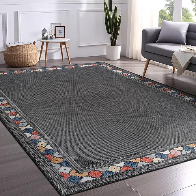 Beverly Rug Outdoor Rug 8x10 Modern Bordered Area Rugs for Indoor and Outdoor Patio Easy to Clean Non Shedding Living Room Porch Garden Washable Outside Carpet (8 x 10 Dark Gray)