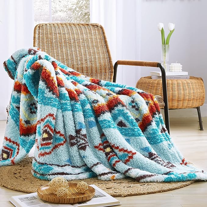 CASAAGUSTO Boho Sherpa Blanket,Teal Aztec Twin Blanket, Ultra Soft, Warm, Cozy, Plush, Thick Fleece Western Blanket for Couch, Bed, Sofa (Aqua 60 * 80 Inch)