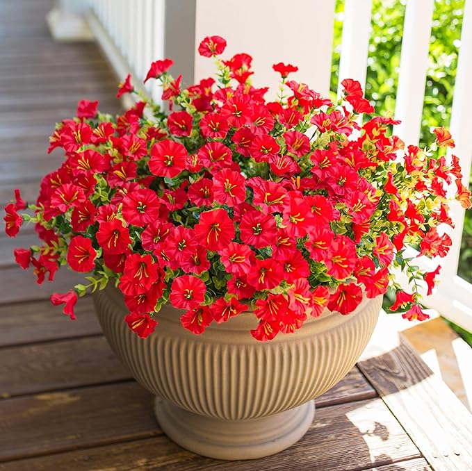 Artificial Flowers for Outdoors Fake Plants Outside Decoration, 12 Bundles Silk Red Morning Glory UV Resistant Look Real Faux Flowers for Planter Front Door Porch Patio Yard Gardens Balcony