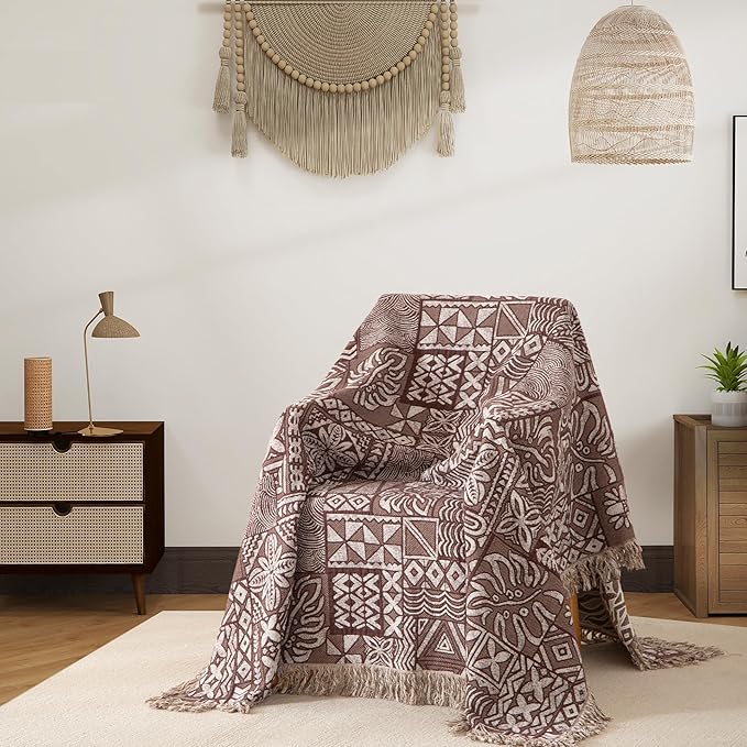 Boho Throw Blanket Twin Size, Soft Cozy Cotton Muslin Quilt Blanket for Bed Decor, Patchwork Block Couch Sofa Chair Cover, Vintage Farmhouse Cottage Tapestry Woven Blanket, Brown&White