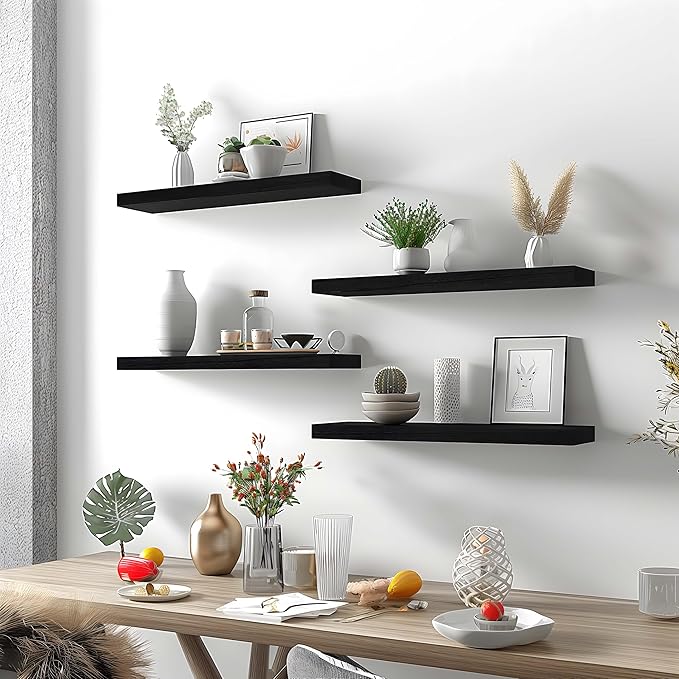 Black Wood Floating Shelves for Wall Rustic Wall Shelves for Bedroom Set of 6
