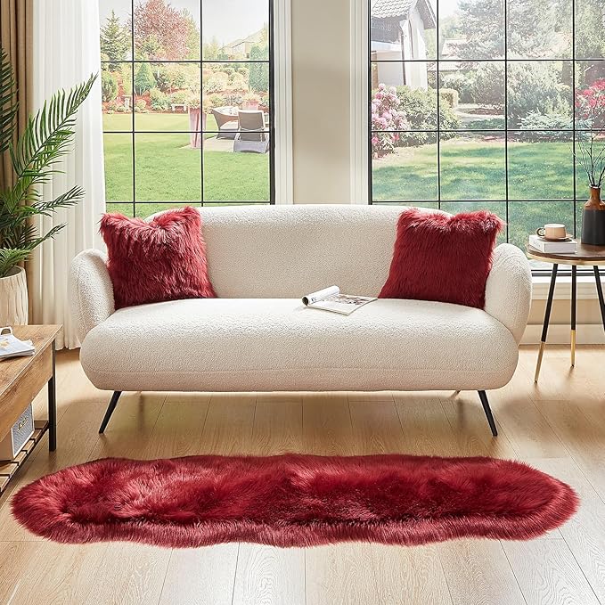 AMTOVO Faux Sheepskin Rug, Burgundy Ultra Soft Fluffy Shag Area Rug, 2 x 6 ft Faux Fur Rug for Bedroom Sofa Throw Cushion Room Decor, Sheepskin