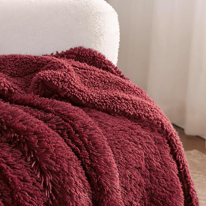 Bedsure GentleSoft Fuzzy Sherpa Faux Fur Twin Blanket Burgundy Red Cozy Gifts for Women Men, Soft Fleece Plush Warm Minky Thick Blanket Twin Size for Bed, Dorm Essentials Red Room Decor Gifts, 60x80