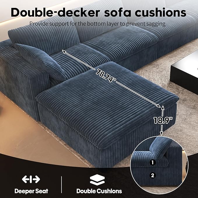 157.5" L Shaped Modern Sofa Modular Sectional Cloud Couch with Ottoman,Deep Seat Upholstered Couches with Corduroy Fabric for Living Room Furniture,Bedroom and Apartment,No Assembly Required,Blue