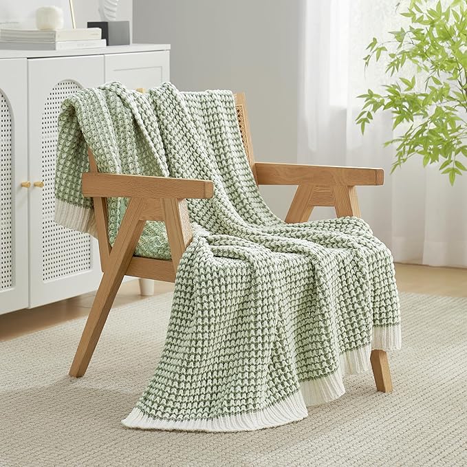 Amélie Home Chenille Waffle Throw Blanket for Couch, Reversible Pineapple Stitch Knit Soft Cozy Knit Blanket Lightweight Warm Decorative Throw for Sofa, Bed, Living Room, 50"x60", Sage Green&Ivory