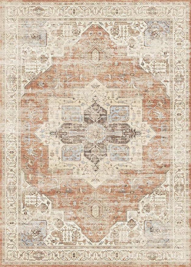 5'x7' Area Rug - Vintage Persian Medallion Design Low-Pile Faux Wool Rug, Non-Slip Backing, Machine Washable, for Living Room, Dining Room, Bedroom (Brick Red)