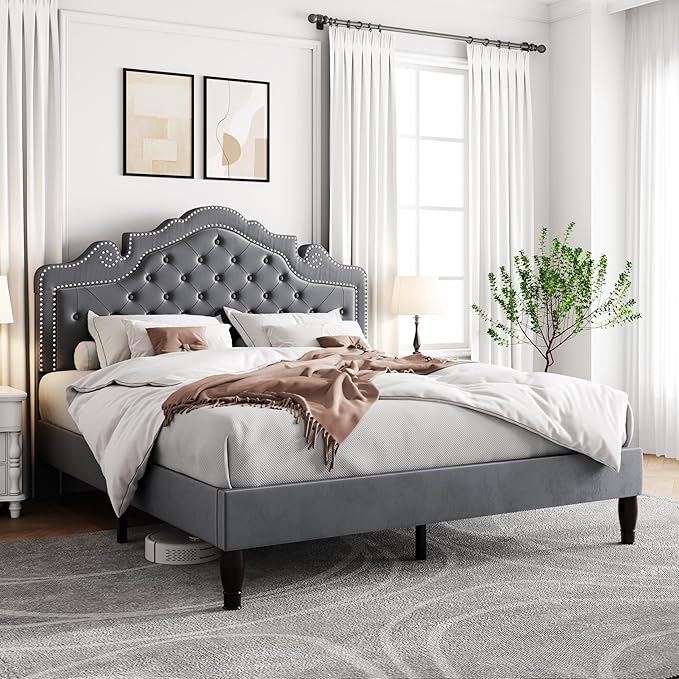 Allewie Full Size Bed Frame with Adjustable Velvet Tiara Headboard, Upholstered Diamond Button Tufted Platform Bed, Wood Slats Support, No Box Spring Needed, Light Grey