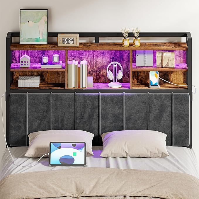 Headboard with 3-Tier Storage Shelves, Velvet Upholstered Head Board with 2 Outlets, USB Ports & LED Light, Soft Backrest for Full Size Bed, Rustic Brown and Black BH13801B
