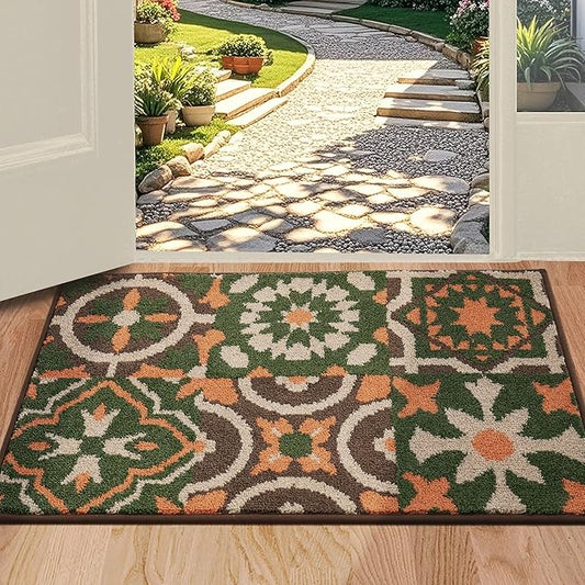 BEQHAUSE Dirt Trapper Door Mat 24" x 36", Non-Slip Entryway Rugs Washable, Floor Mat Stain Resistant and Absorbent Welcome Mat for Front Back Door, Muddy Wet Shoes & Paws, Boho Geometric Floral