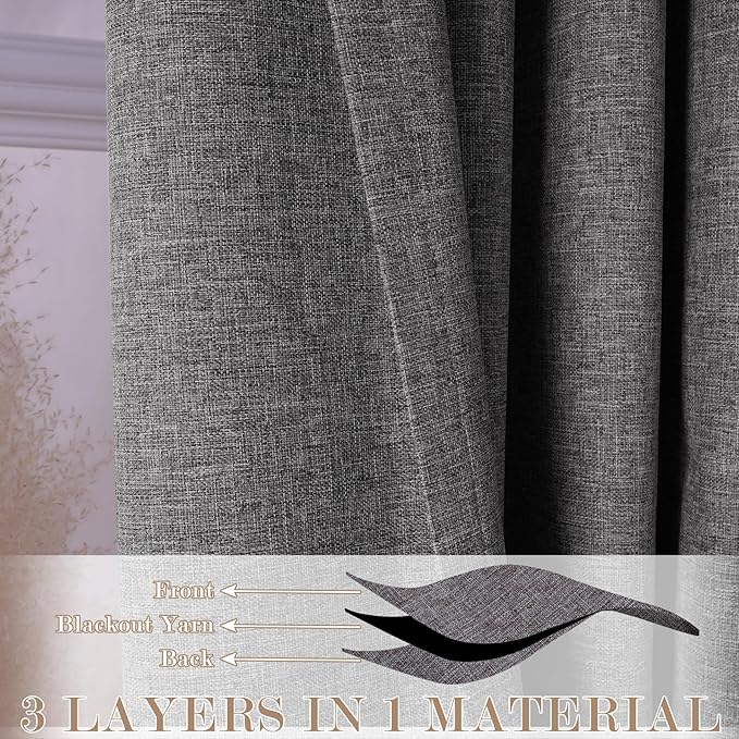70" W x 108" L Faux Linen Room Divider Curtains, Full Blackout Pinch Pleated Drapes for Traverse Rod, Bedroom Divider Privacy Drapery with Hooks for Ceiling Track, 1 Panel, Natural Grey