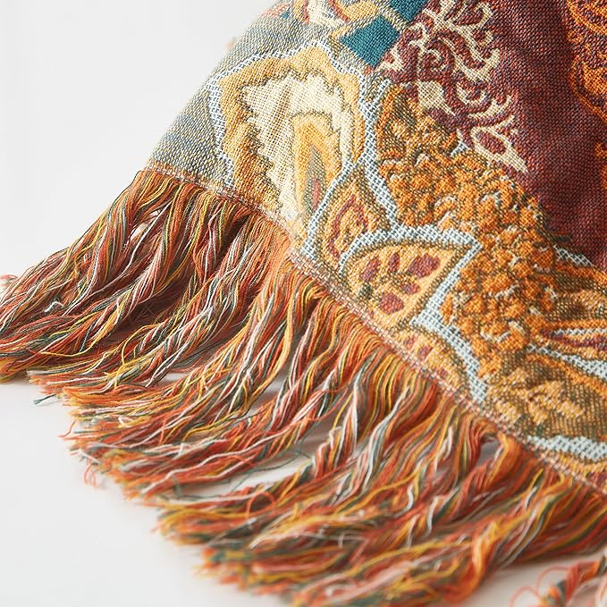 Boho Throw Blanket for Bed 90”x98”, 100% Cotton Woven Blanket for Couch Sofa, Ultra Soft 4-Layer Muslin Quilt with Patchwork Floral Printed, Farmhouse Bed Blanket/Cover for Living Room Decor