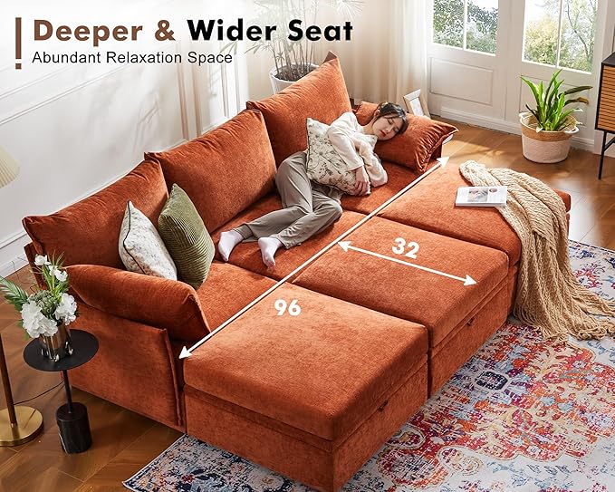 135.5" Oversized Modular Sectional Sofa, L Shaped Convertible Couch with Movable Ottoman, Large 6 Seat Corner Couches for Living Room Deep Seat Terracotta Orange Chenille