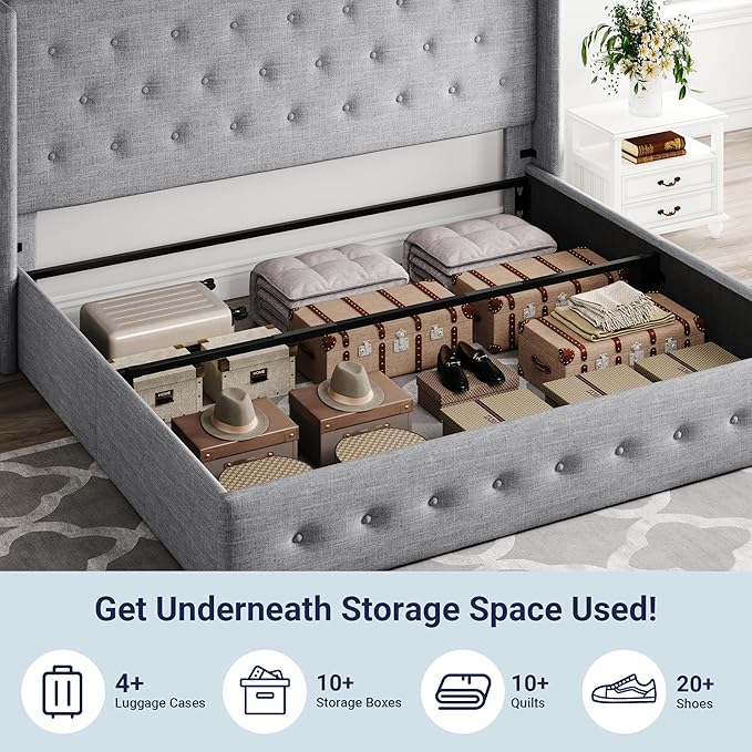 Allewie King Size Lift Up Storage Bed, Button Tufted Headboard with Wingback, Hydraulic Support, No Box Spring Needed, Light Grey