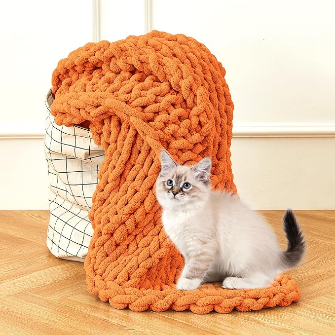 Admitrack Chunky Knit Blanket Throw, 100% Hand Knit Chenille Throw Blanket for Sofa & Home Decor, Soft and Cozy Knitted Throw Blankets (Orange, 51"x63")