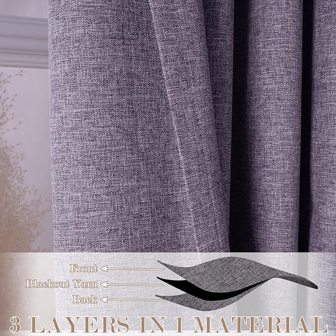 70" W x 108" L Faux Linen Room Divider Curtains, Full Blackout Pinch Pleated Drapes for Traverse Rod, Bedroom Divider Privacy Drapery with Hooks for Ceiling Track, 1 Panel, Violet