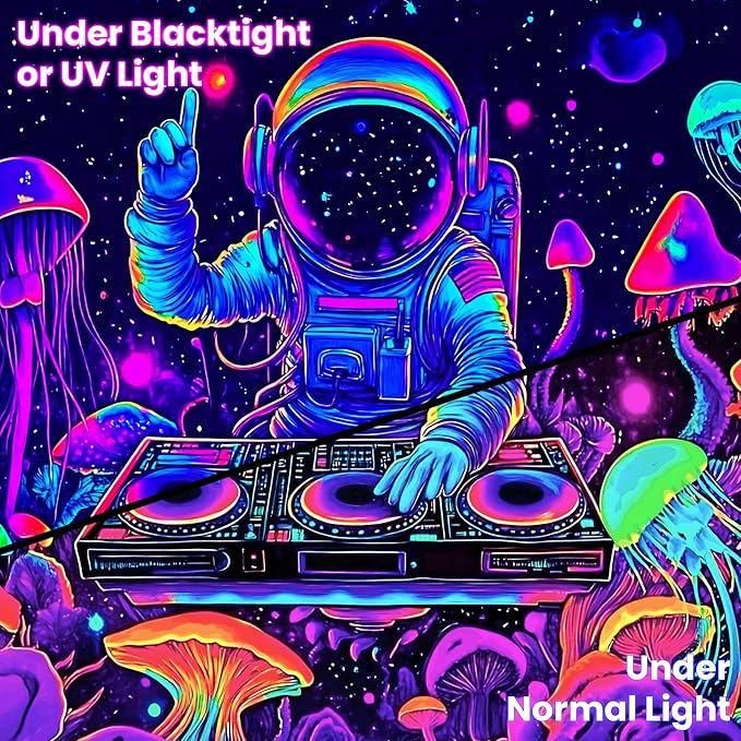 BVBOX Astronaut Space Blacklight Tapestry 79"x59", UV Reactive Astronaut DJ Universe Galaxy Planet Glow in Dark Music Tapestries, Black Light Neon Upright Poster Wall Hanging Backdrop Decor for Bedroom Living Room