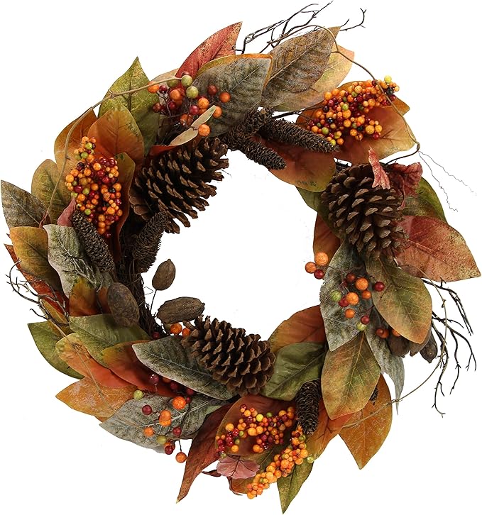 Admired By Nature 24 Inch Artificial Fall Magnolia Leaf Vine Berry Wreath Autumn Leaves For Wall Fornt Door Home Office Farmhouse Thanksgiving Harvest Cemetery Wreaths Indoor Outdoor, Orange-Pinecones