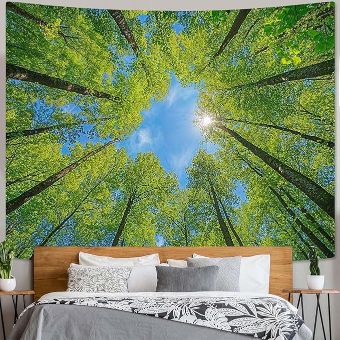 AMM Nature Forest Tree Celling Tapestry Lush Green Treetops Sunlit Tapestry for Bedroom Aesthetic Sky Sunlight Canopy Leaves Landscape Tapestries Wall Hanging for Living Room Dorm Office 48 x 36 Inch