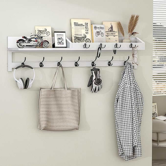 AMBIRD 35 inch Coat Rack Wall Mount, Extra Long Coat Hooks Wall Mount, Entryway Shelf with 7 Dual Coat Hooks 4 Key Hooks Mail Organizer, Wooden Wall Coat Rack with Hooks, Key Holder Rack (White)