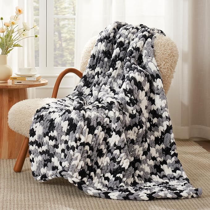Amélie Home Chunky Knit Throw Blanket for Couch, Soft Chenille Crochet Blanket for Sofa, 50"x60", Space-Dyed Black