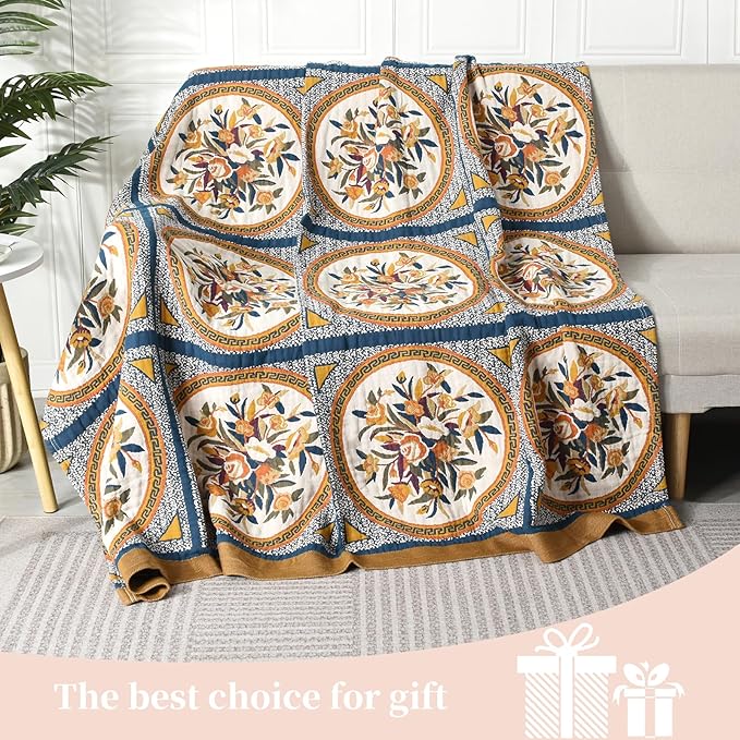 Boho Throw Blanket for Bed - 100% Pure Cotton Ultra Soft Rustic Quilt - Farmhouse Decor Bed Blankets, All Season Rustic Throw for Sofa Couch Chair(91''x 98'', Floral)