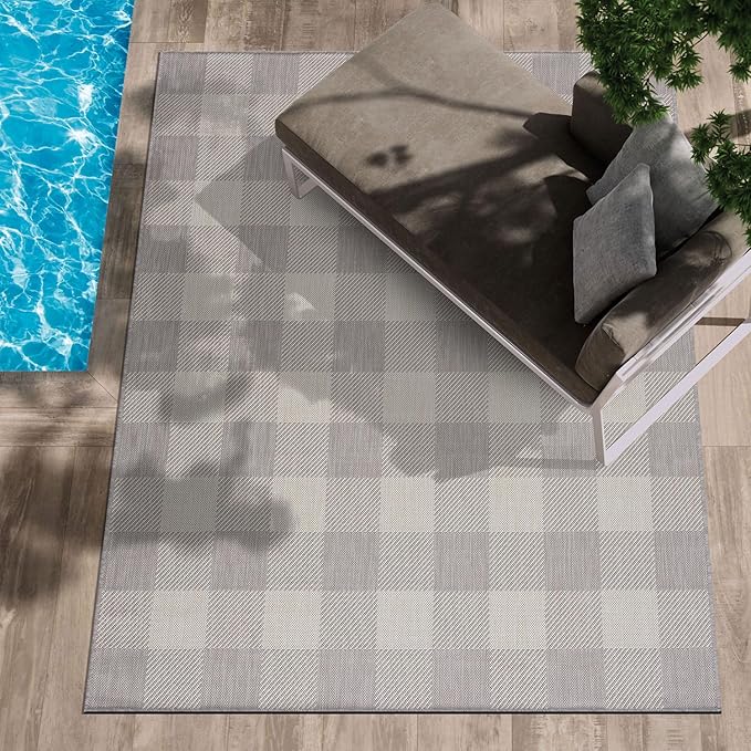 CAMILSON Outdoor Rug - Modern Area Rugs for Indoor and Outdoor Patios, Kitchen and Hallway mats - Easy Cleaning Non Shedding Washable Outside Carpet (5x7, Buffalo - Grey/White)