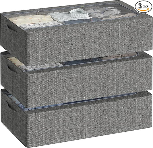 3PCS Under Bed Storage Bins with Metal Frame, Linen Fabric Frame Storage Box Clothes Organizer Bins, Underbed Container with Clear Window (Dark Grey, 15.7 x 13 x 6IN)