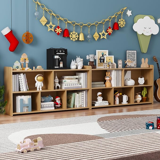 Book Shelf Set of 2, 5 Cubes Storage Organizer, Open Shelf Wooden Bookcase, Freestanding Log Bookshelf Cube Shelf for Bedroom, Living Room, Home Office