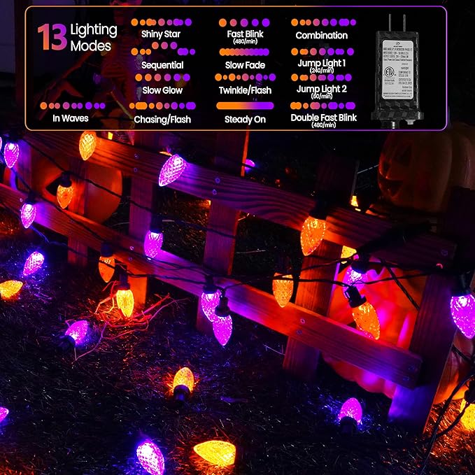 2PK 100 LED Purple and Orange C9 Halloween Lights Indoor Outdoor, Extendable 98FT C9 String Lights with 13 Modes & Timer, Waterproof Plug in Halloween Decorations for Tree Patio Fall Party Garden