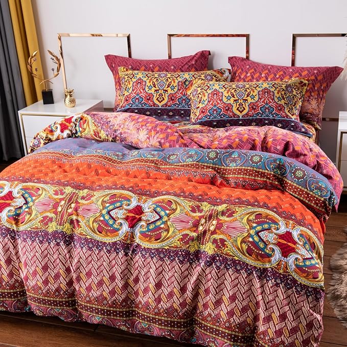 ABREEZE Bohemian Duvet Cover Set Colorful Orange Boho Retro Bedding Set Damask Paisley Cotton Duvet Cover Tribal Reversible Bedding Exotic Style Comforter Cover 3-Piece Twin
