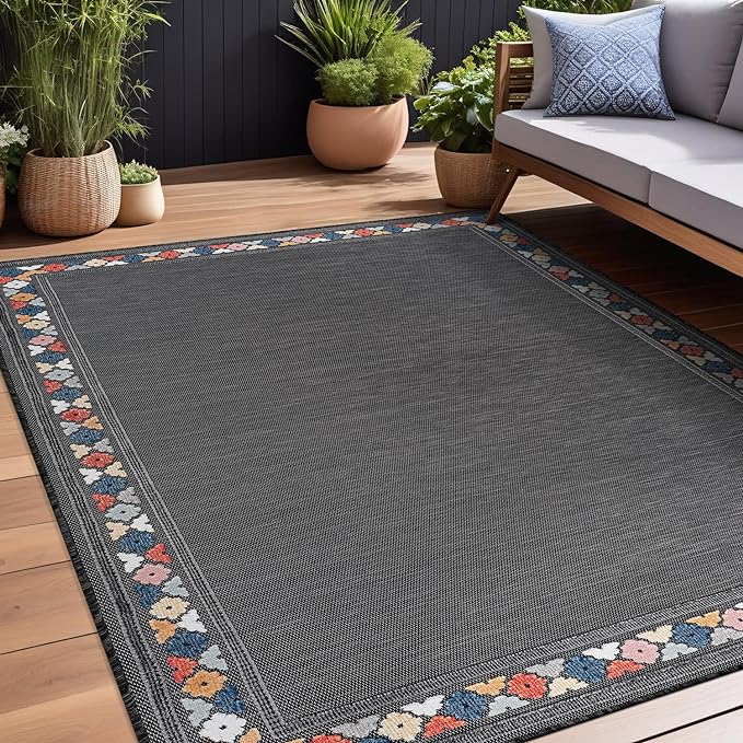 Beverly Rug Outdoor Rug 5x7 Modern Bordered Area Rugs for Indoor and Outdoor Patio Easy to Clean Non Shedding Living Room Porch Garden Washable Outside Carpet (5 x 7 Dark Gray)