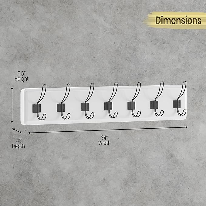HBCY Creations White Solid Wood Wall Mounted Coat Rack with Shelf, 7 Hooks, 34" Long - Kitchen, Mudroom, Entryway, Bathroom - Includes Mounting Hardware, Coat Hanger, Dog Leash Hooks, Towel Rack