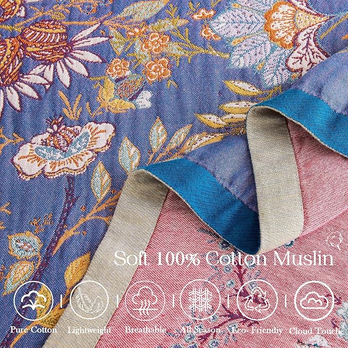 Boho Blanket, 100% Cotton Farmhouse Decorative Throw Blanket, 80"x90" Reversible Bohemian Throw Blanket, Purple All Season Muslin Breathable Woven Blankets Quilt